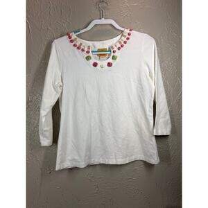 Ruby Rd Womens 3/4 Sleeve White Pullover Beaded Neck Wearable Art Size Medium